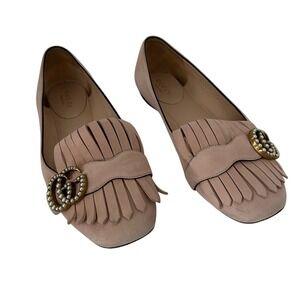 Gucci Kid Scamosciato Leather Suede GG Marmont Fringe Ballet Flats Loafers 36.5